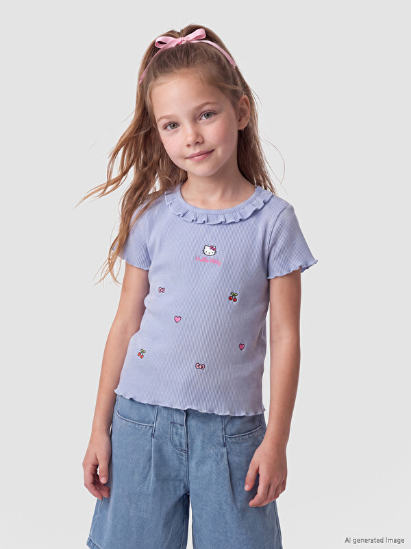 LCW Kids Fırfırlı Bebe Yaka Hello Kitty Nakışlı Kız Çocuk Tişört