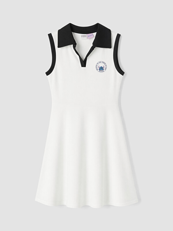 LCW Kids Polo Yaka Stitch Nakışlı Kız Çocuk Elbise