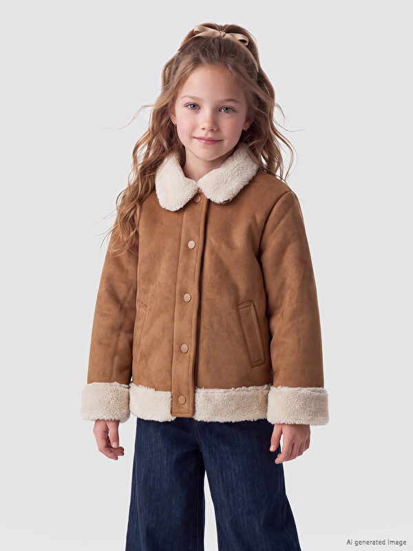 LCW Kids Fur Collar Girls' Suede Look Coat
