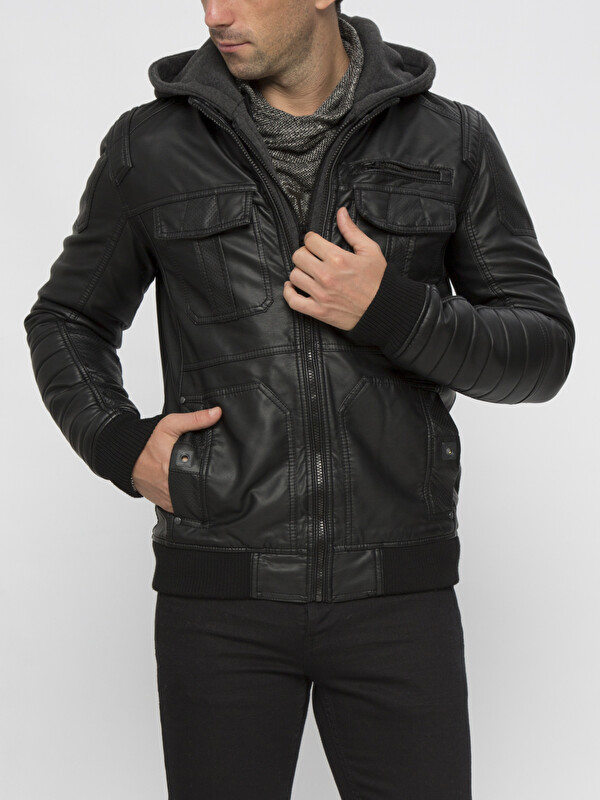 XSIDE Man Black Faux Leather Coat