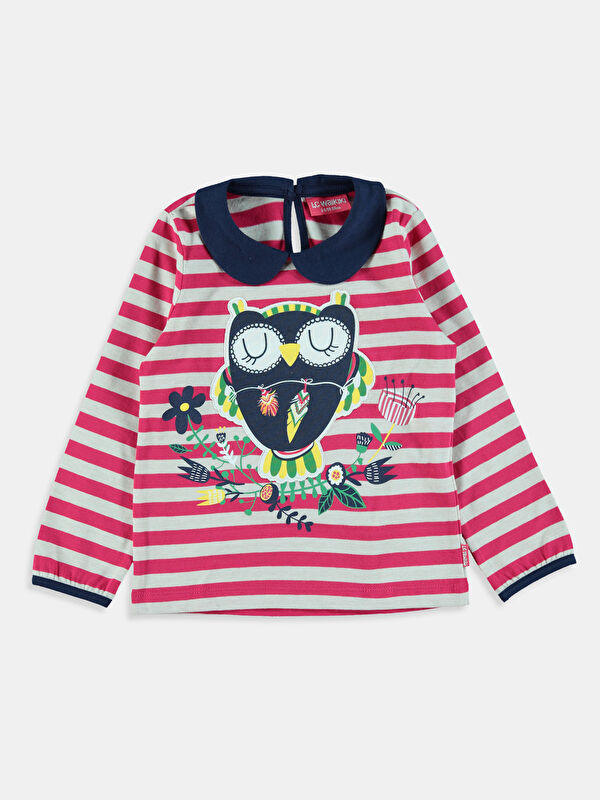 LCW Kids Peter Pan Collar Striped Printed Girl's T-Shirt