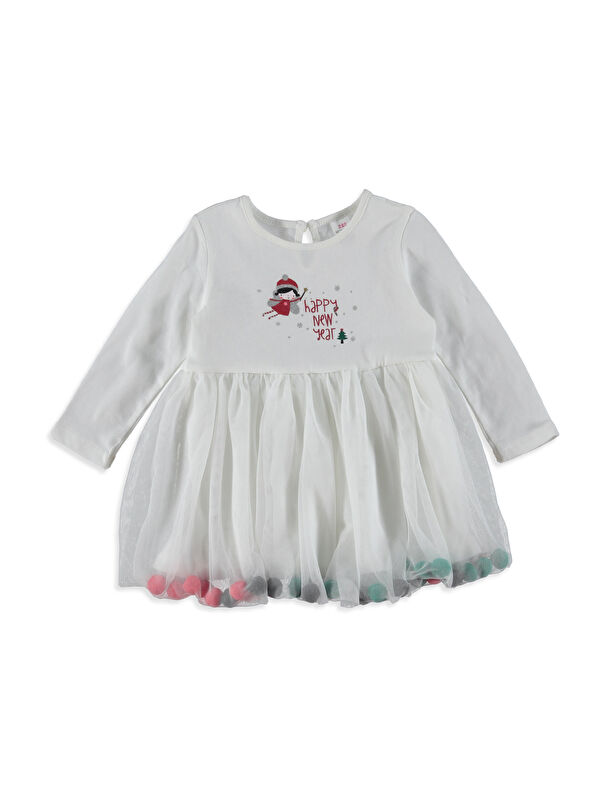 LCW baby Printed Baby Girl Dress with Pompon Detail