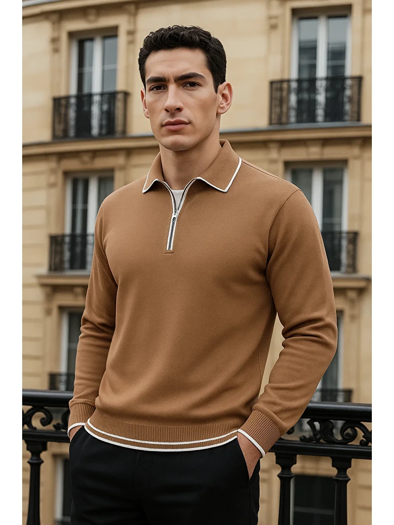 Comstar Kahverengi Erkek Trend Fermuarlı Camel Uzun Kollu Polo