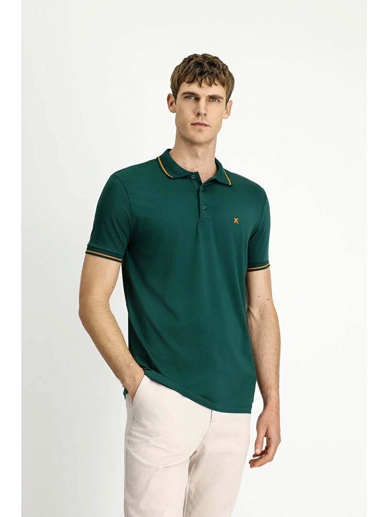 Kiğılı Yeşil Polo Yaka Slim Fit Dar Kesim Nakışlı Süprem Pamuklu