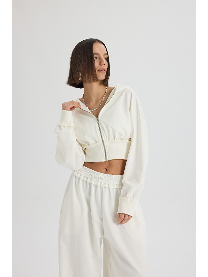 Mai Collection Petal Pis Detay Ekru Crop Eşofman Takım