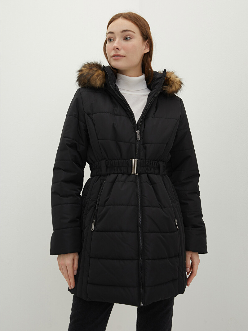 LCWAIKIKI Classic Women's Down Jacket With Hooded Fur Detail Plain