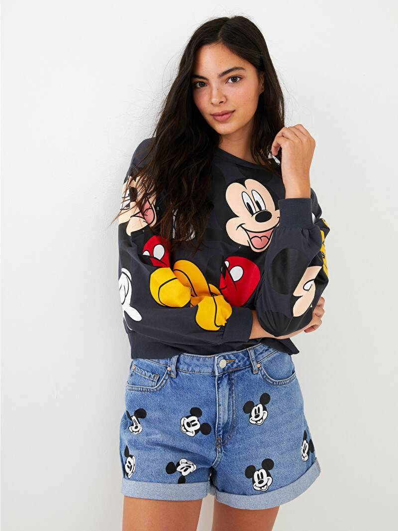 XSIDE Dar Fit Mickey Mouse Baskılı Cep Detaylı Kadın Jean Şort