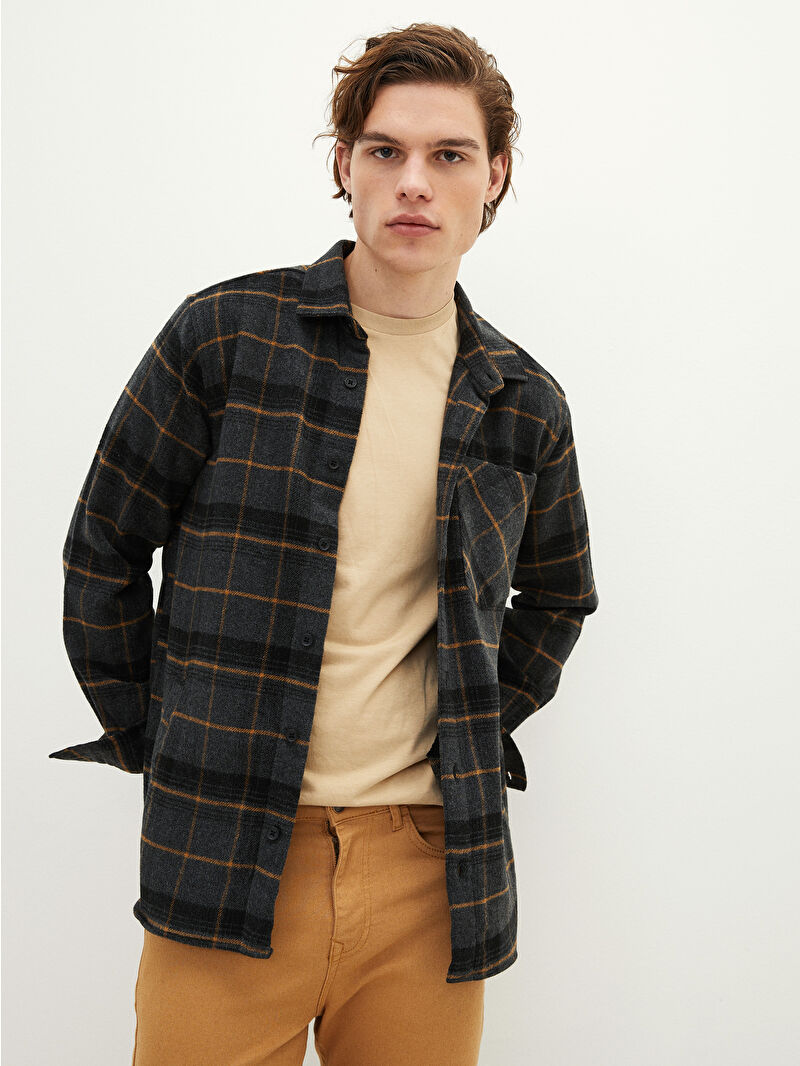 ライス★ XSIDE Regular Fit Long Sleeve Plaid Men's Flannel Shirt
