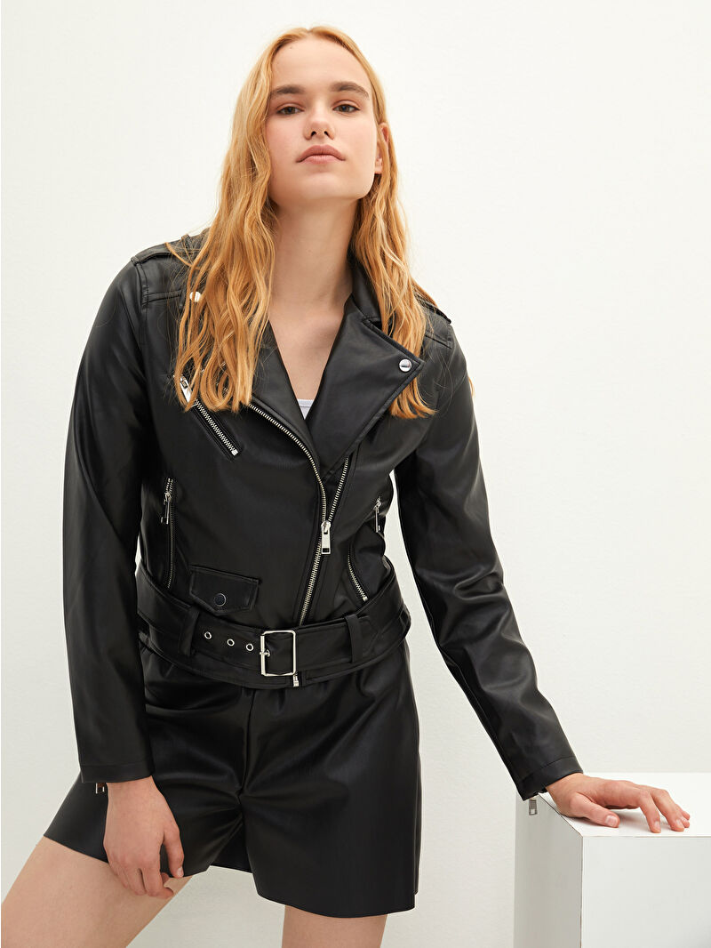 LCW Vision Biker Yaka Cep Detaylı Uzun Kollu İnce Kadın Deri