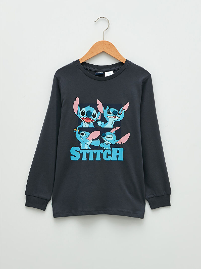 LCW Kids Antrasit Bisiklet Yaka Stitch Baskılı Erkek Çocuk