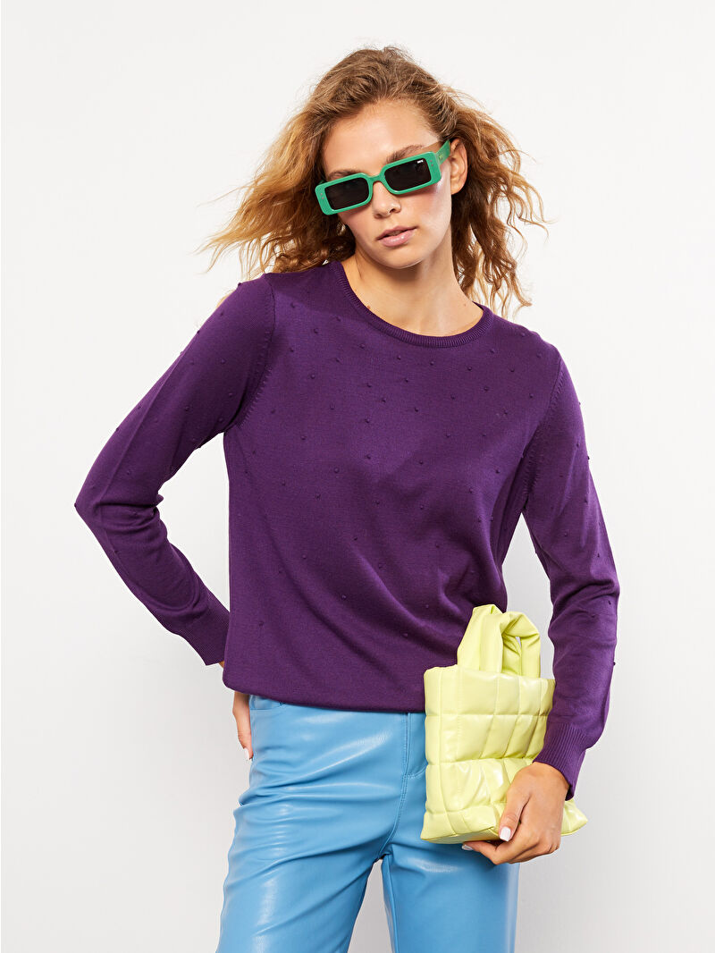 LCWAIKIKI Basic Mor Bisiklet Yaka Kendinden Desenli Uzun Kollu