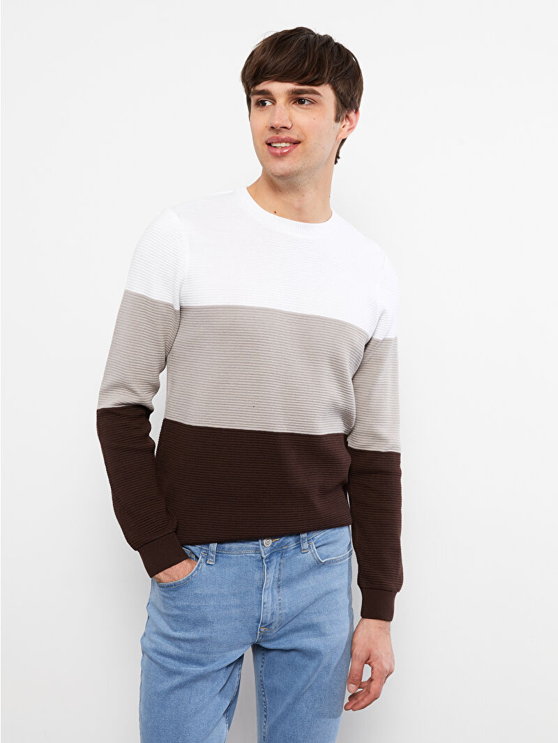 XSIDE Bej Bisiklet Yaka Uzun Kollu Renk Bloklu Erkek Triko Kazak