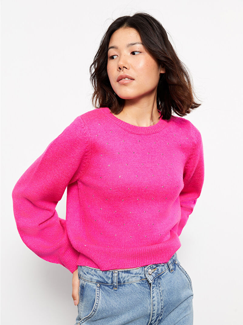 LCW Vision Fuşya Bisiklet Yaka Pul Baskılı Uzun Kollu Kadın Triko