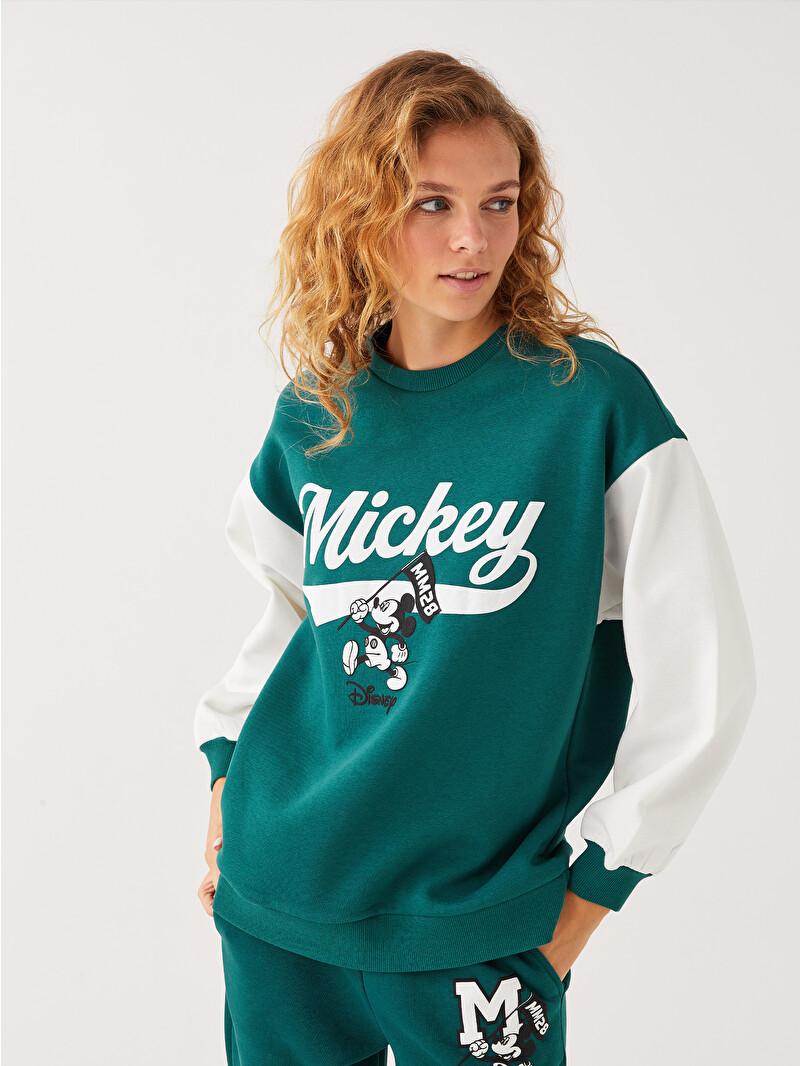 XSIDE Yeşil Bisiklet Yaka Mickey Mouse Baskılı Kadın Kalın