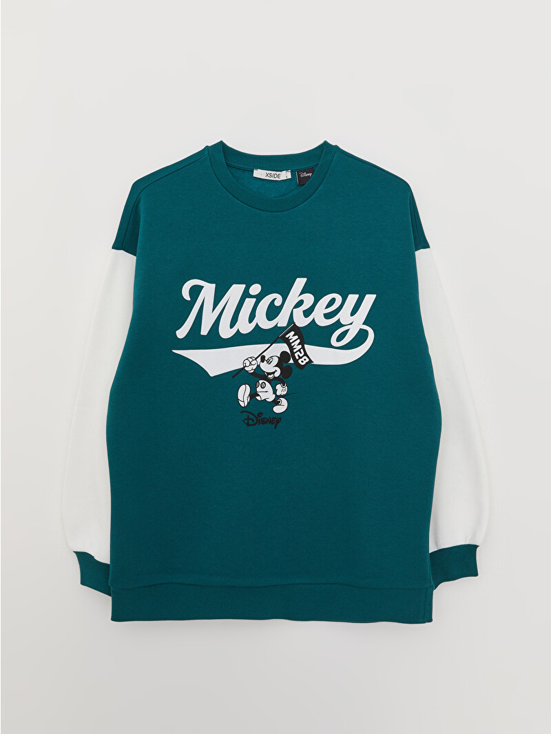 XSIDE Yeşil Bisiklet Yaka Mickey Mouse Baskılı Kadın Kalın