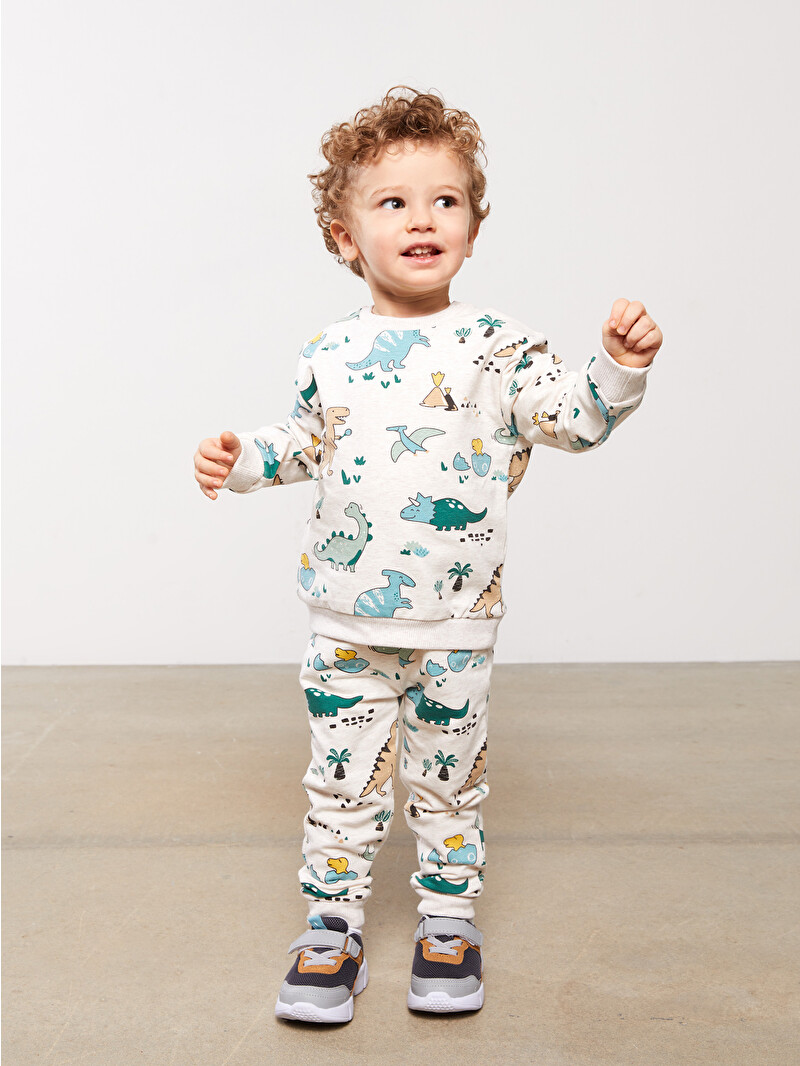 LCW baby Ekru Bisiklet Yaka Baskılı Erkek Bebek Sweatshirt ve