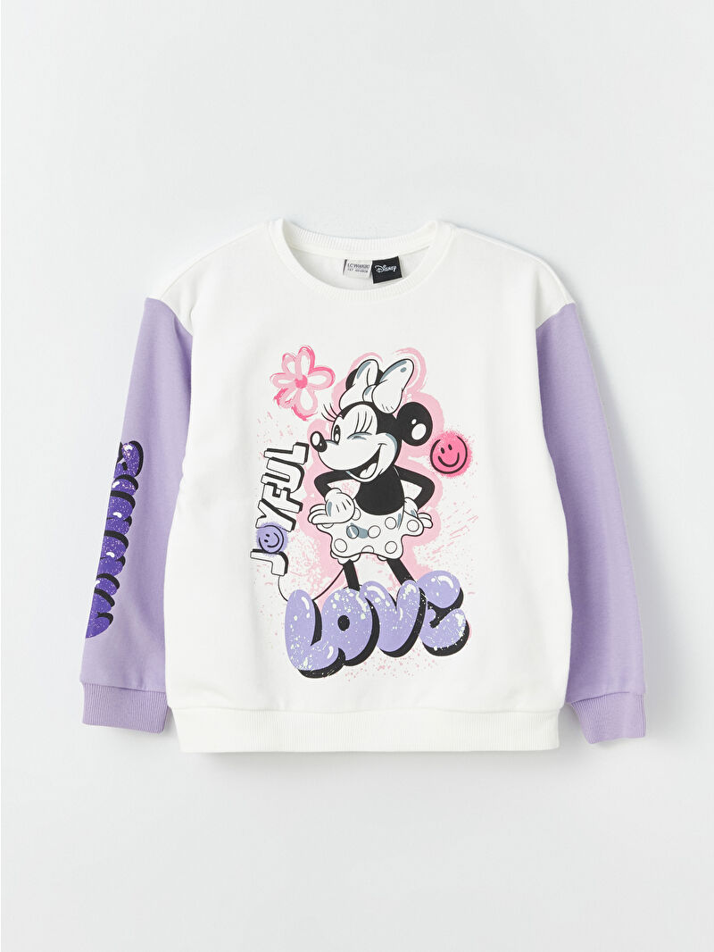 Crew Neck Minnie Mouse Printed Long Sleeve Girls' Sweatshirt
