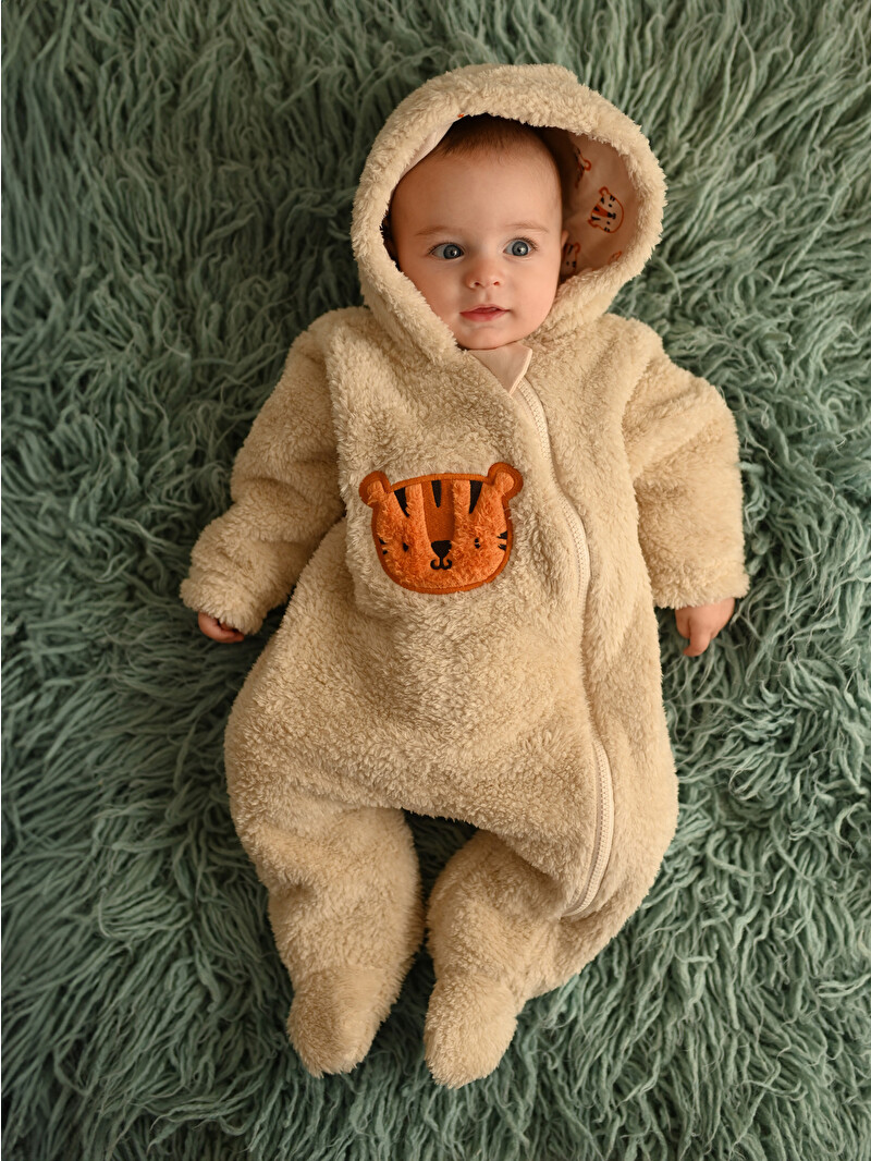 LCW baby Kapüşonlu Erkek Bebek Pelüş Tulum (0-12 Ay Patikli, 12
