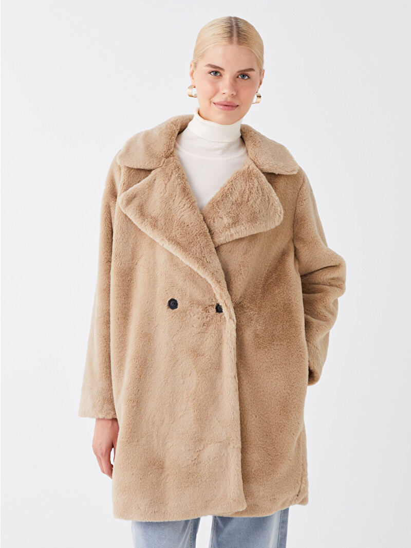 LCW Vision Jacket Collar Straight Long Sleeve Fur Women's Coat