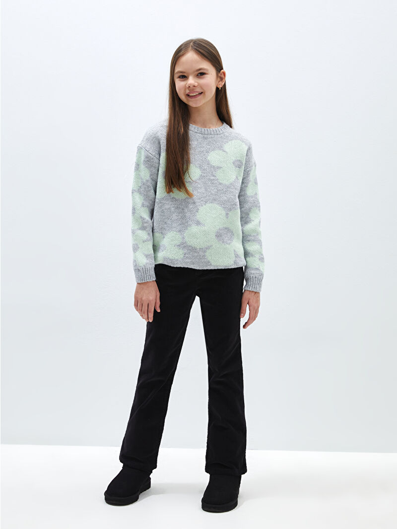 LCW Kids Gri Bisiklet Yaka Desenli Uzun Kollu Kız Çocuk Triko