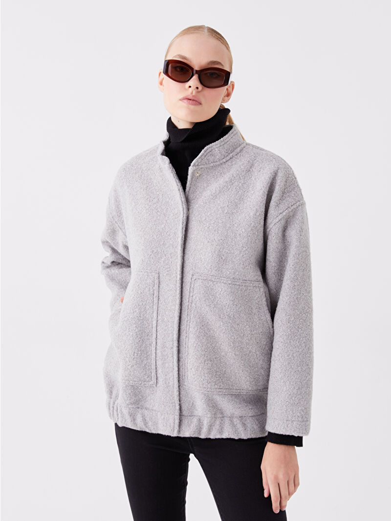 LCWAIKIKI Classic Gri Dik Yaka Düz Oversize Kadın Kaşe Kaban