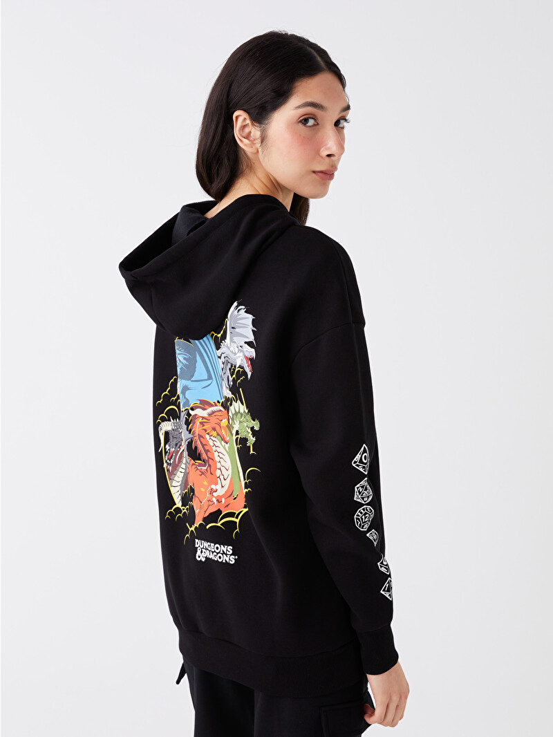 XSIDE Siyah Dragon Baskılı Uzun Kollu Oversize Kadın Hoodie