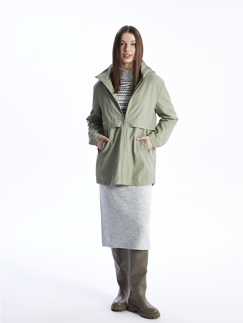 XSIDE Haki Kapüşonlu Düz Deri Görünümlü Kadın Yağmurluk - S44996Z8