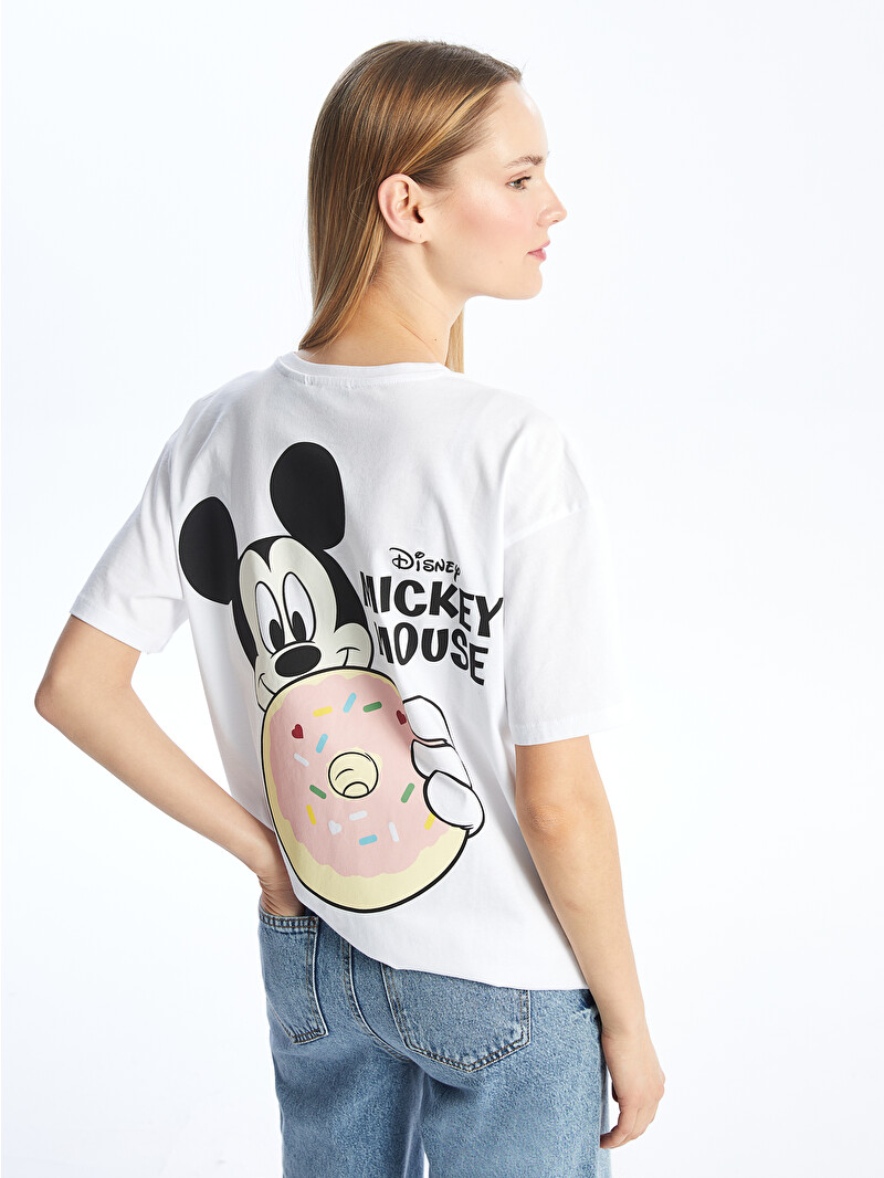LCW Modest Beyaz Bisiklet Yaka Mickey Mouse Baskılı Kısa Kollu