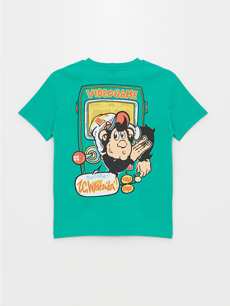 LCW Kids Yeşil Bisiklet Yaka Nostaljik Maymun Baskılı Kısa Kollu
