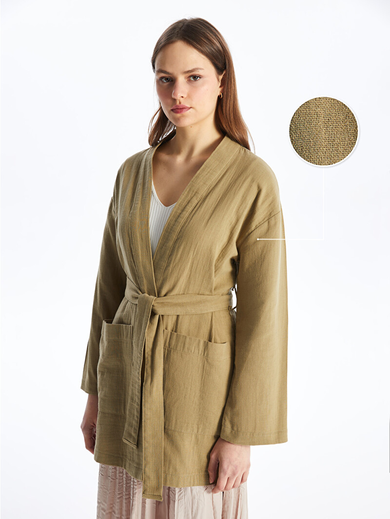 LCW Modest Haki Şal Yaka Düz Uzun Kollu Oversize Kadın Kimono