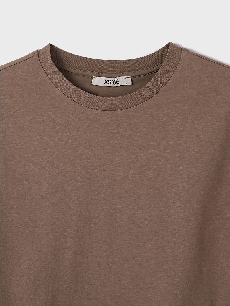 Tシャツ・カットソー PAROSH Women Tops D311642VI 086 BROWN XSIDE Crew Neck Plain Short Sleeve Women's Crop -S4FJ28Z8