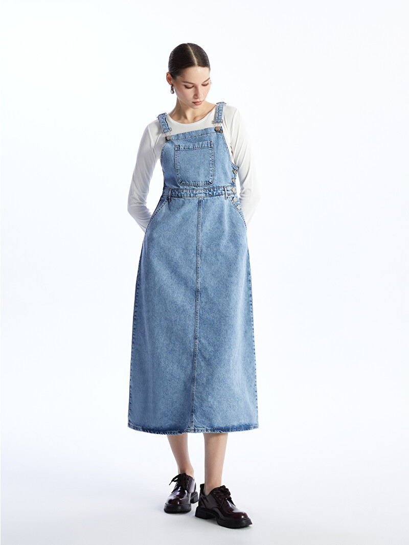 LCW Modest Kare Yaka Düz Askılı Kadın Jean Elbise - S4GP05Z8-507 | LCW