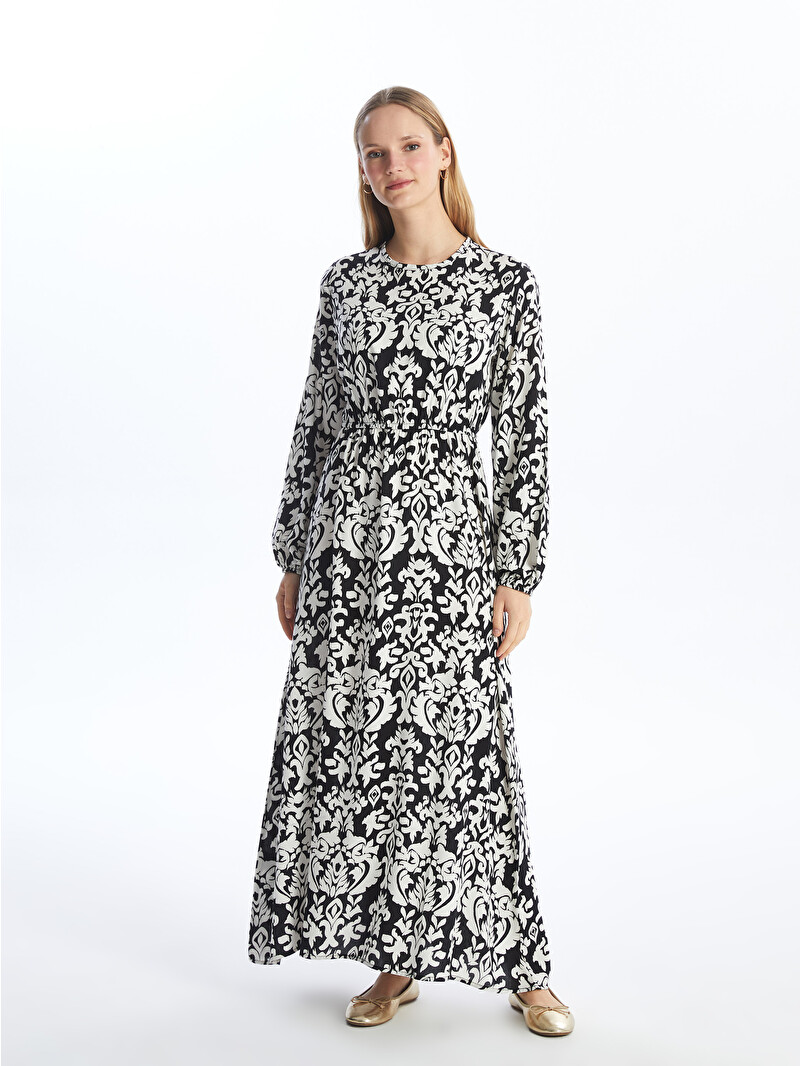 LCW Modest Crew Neck Patterned Long Sleeve Women's Dress
