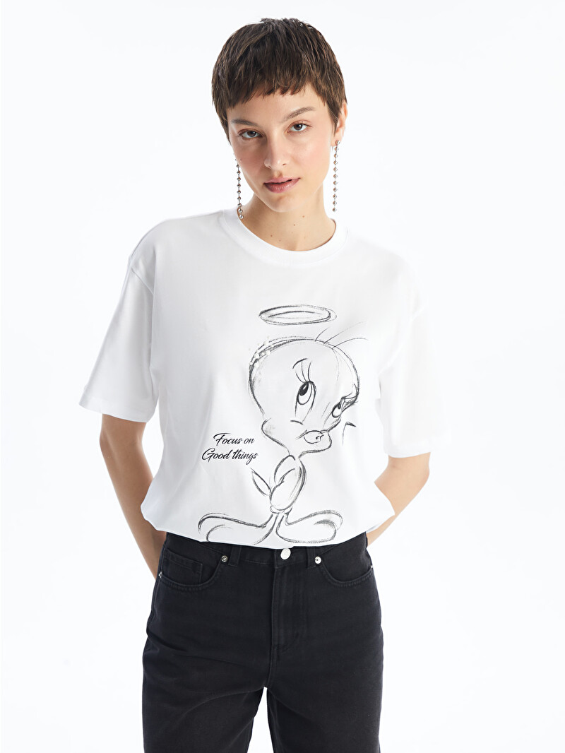 LCW Vision Tricou Supradimensionat Imprimat Tweety cu Guler Rotund