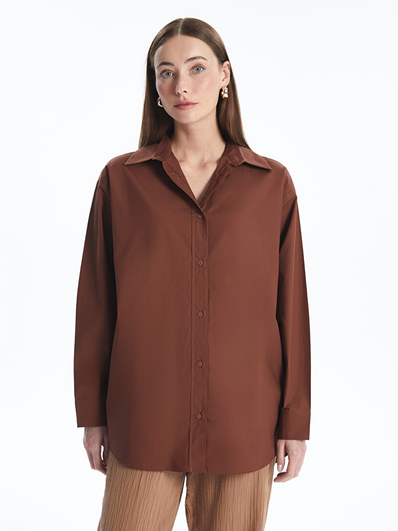 TFW49 ブラウン ジップアップ 長袖シャツ LCWAIKIKI Classic Plain Oversize Women's Shirt Tunic - S4IJ80Z8