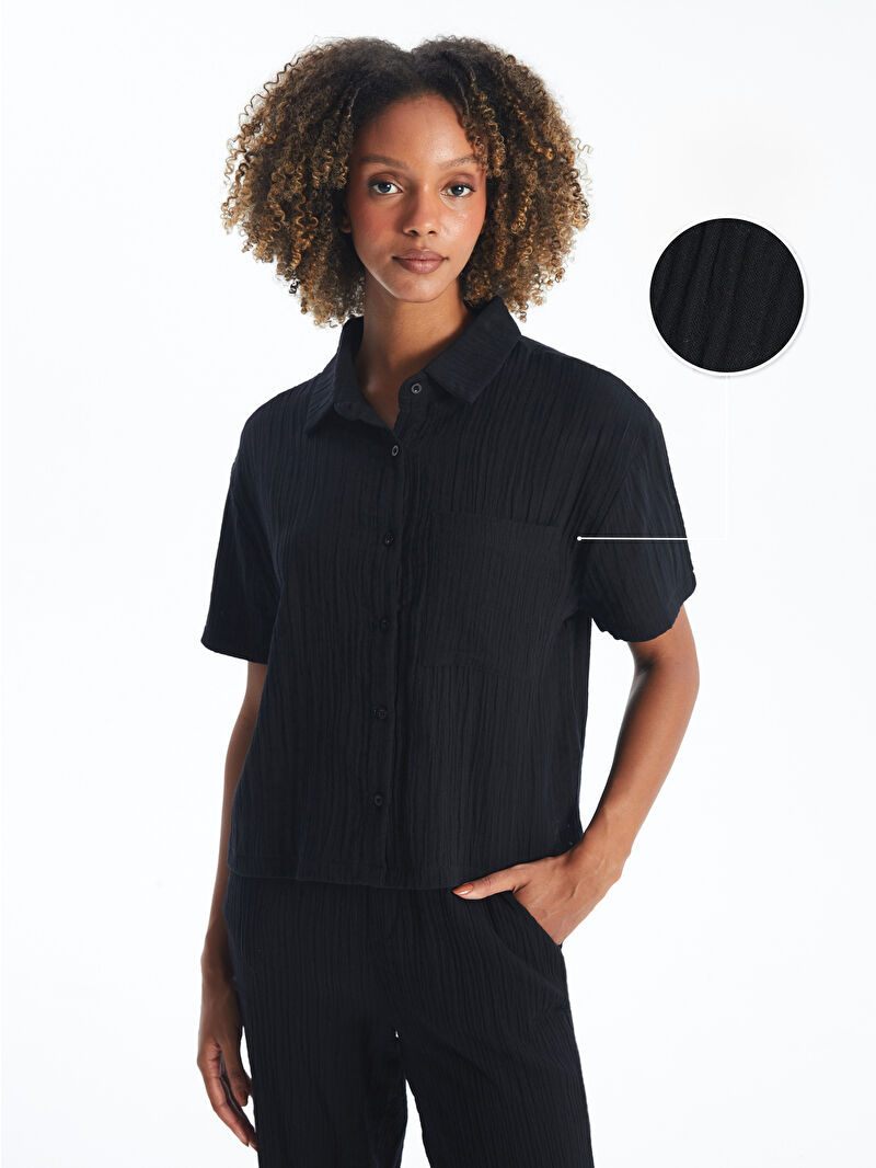 Liten/半袖ブラウス/FREE/--/BLK/無地/LIT24SS-BL-004 XSIDE Plain Short Sleeve Linen-Look Women's Shirt -S4N226Z8