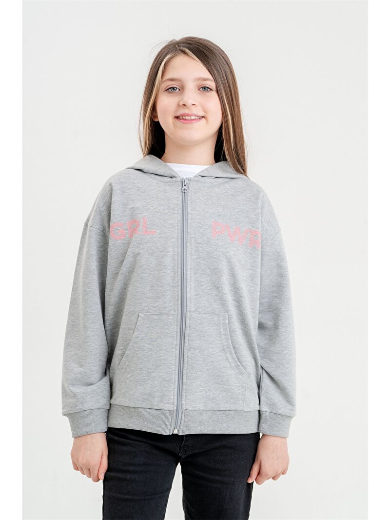 Mışıl Kids Gri Baskılı Uzun Kollu Kız Çocuk Fermuarlı Sweatshirt
