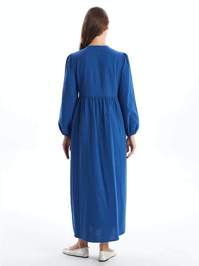 LCW Modest İndigo Bisiklet Yaka Düz Uzun Kollu Kadın Elbise