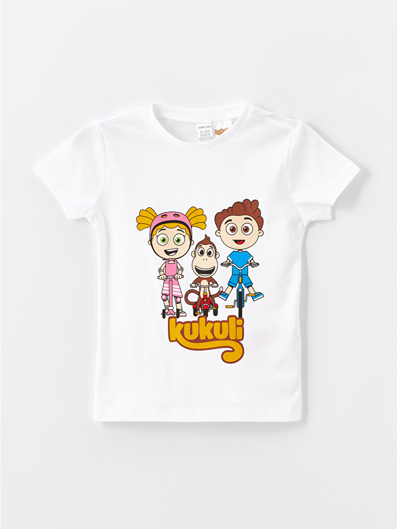 LCW baby Beyaz Bisiklet Yaka Kısa Kollu Kukuli Baskılı Erkek Bebek