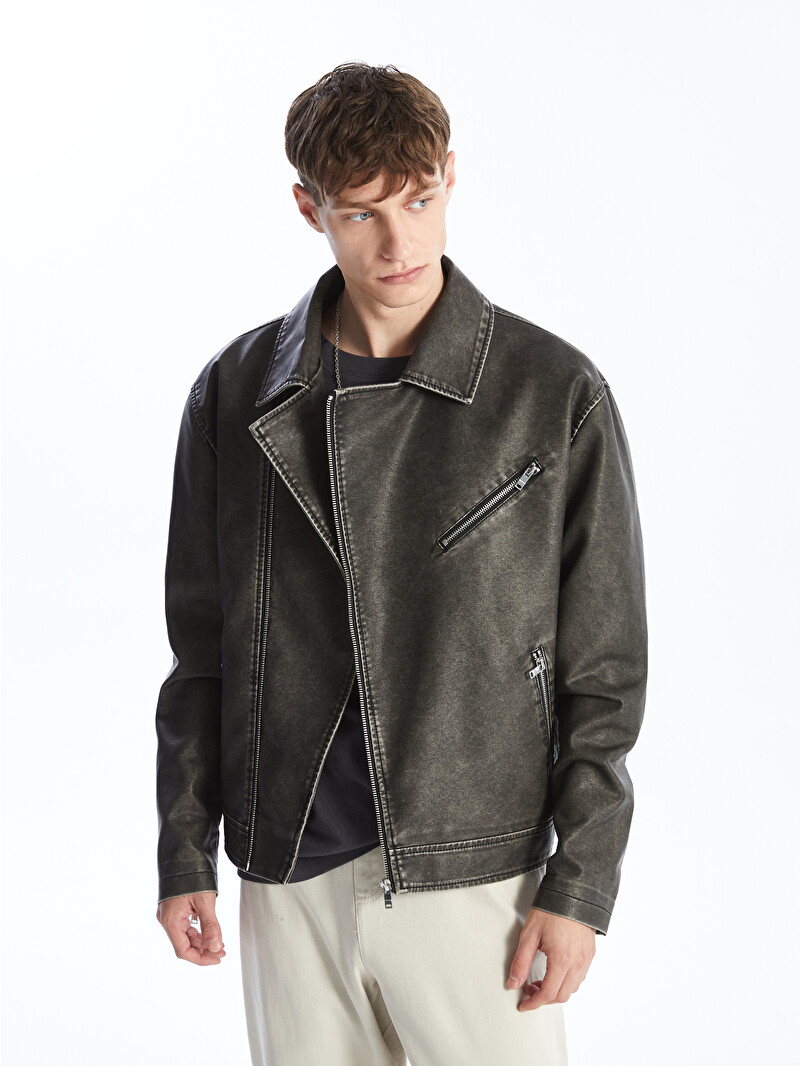 XSIDE Slim Fit Men's Faux Leather Jacket - W42596Z8-CVL - LC Waikiki
