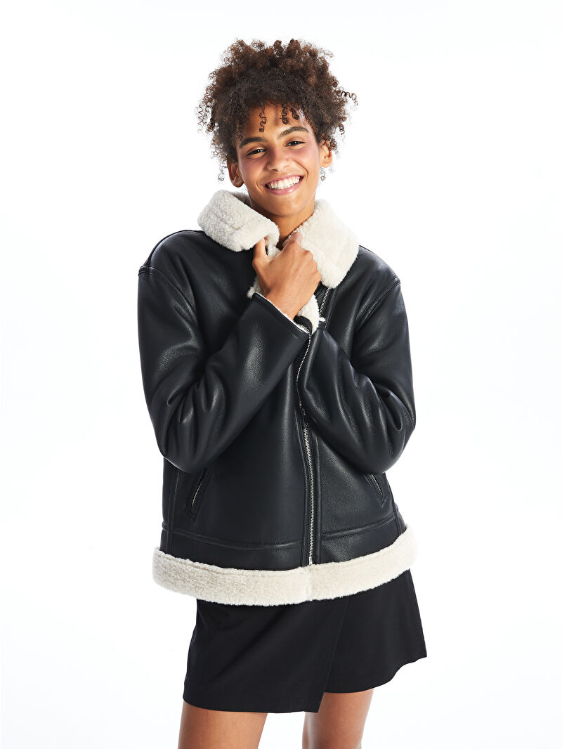 XSIDE Biker Neck Women's Faux Leather Coat - W4AH85Z8-CVL - LC Waikiki