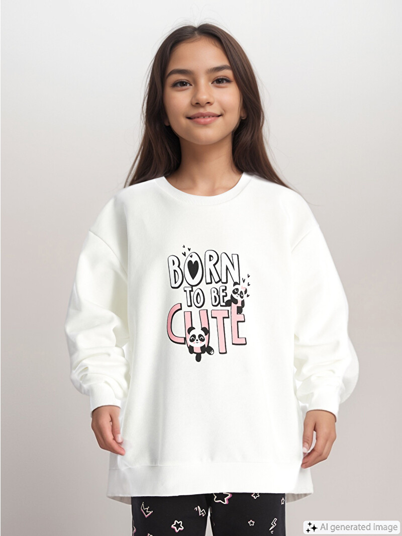 LCW Kids Beyaz Bisiklet Yaka Baskılı Kız Çocuk Sweatshirt