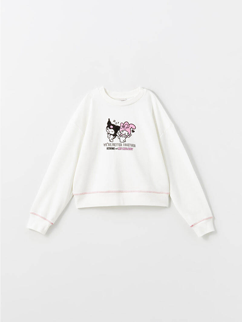 LCW Kids Ekru Bisiklet Yaka Kuromi Baskılı Kız Çocuk Sweatshirt