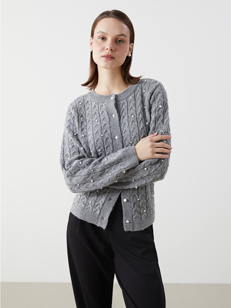 LCW Comfort Gri Bisiklet Yaka Boncuk Detaylı Kadın Triko Hırka