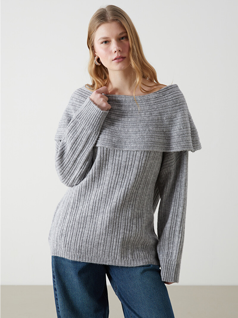 XSIDE Gri Kayık Yaka Oversize Kadın Triko Kazak - W4M619Z8-ZFW | LCW