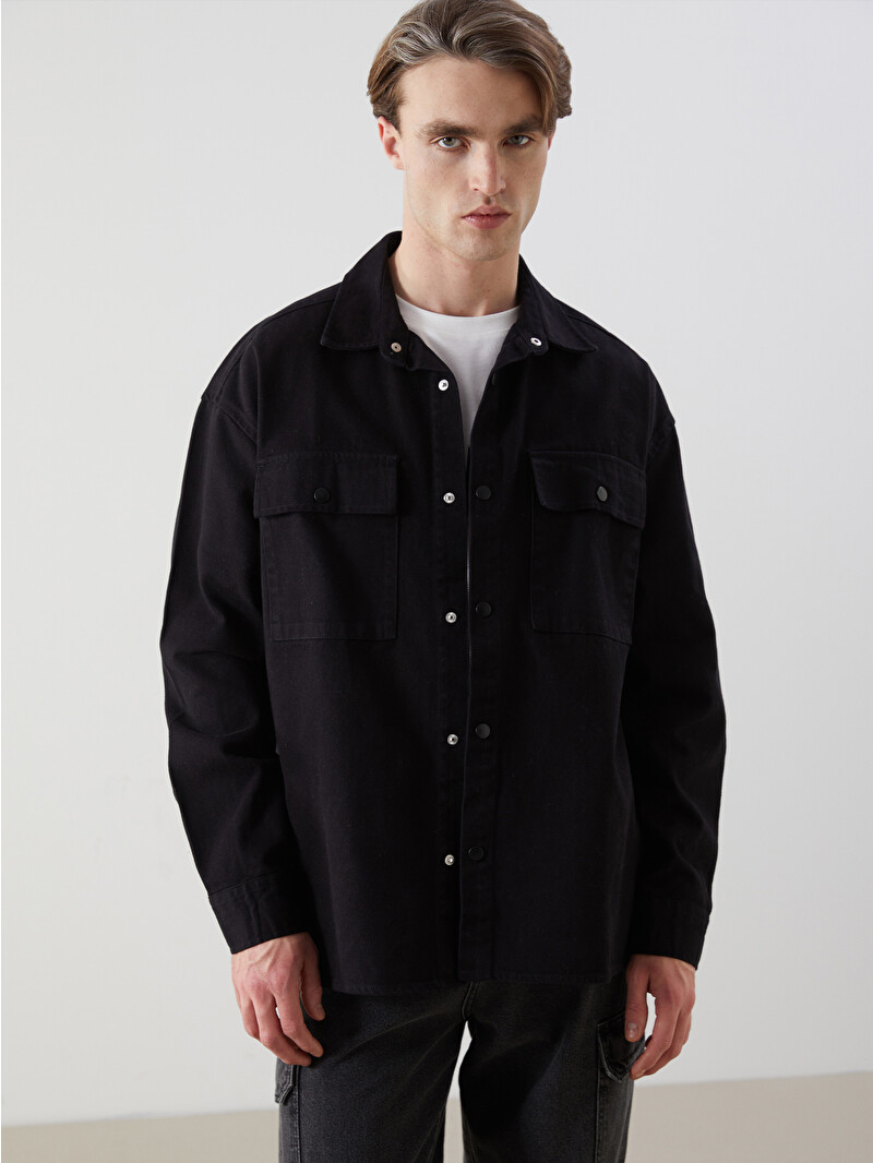 LEROY 2022 セット XSIDE Siyah Rahat Kalıp Gabardin Erkek Gömlek Ceket - S51860Z8-RQL