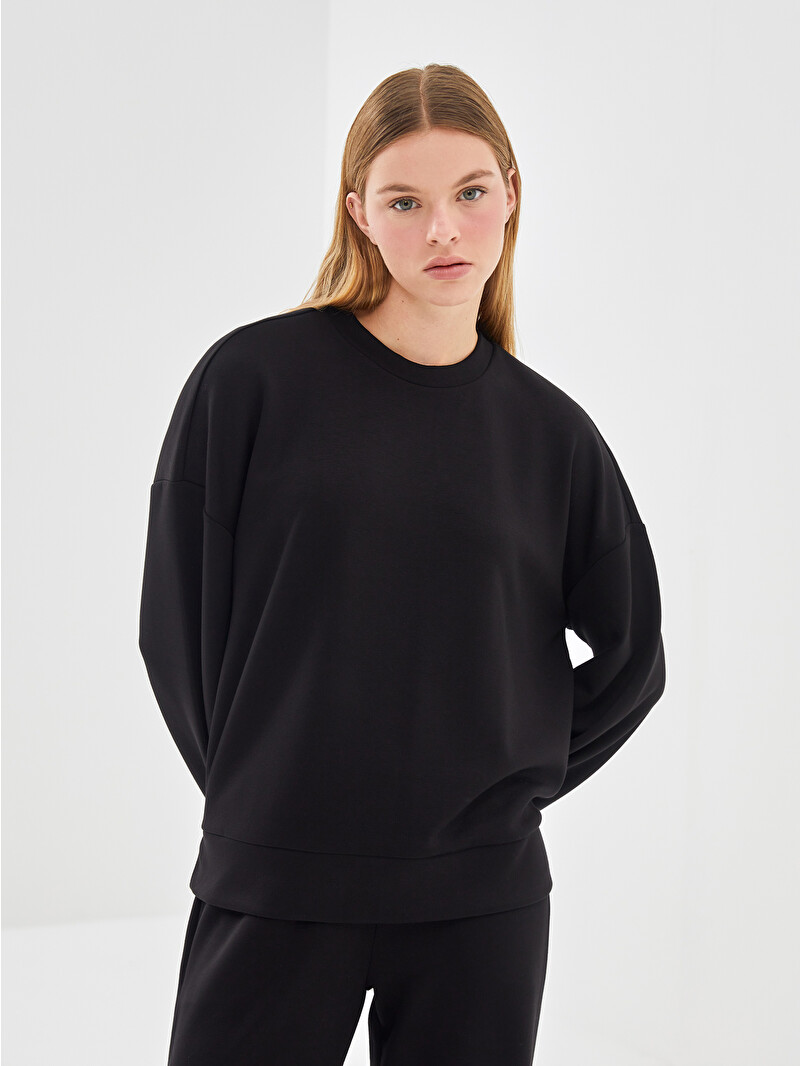 LCW Vision Siyah Bisiklet Yaka Oversize Kadın Sweatshirt