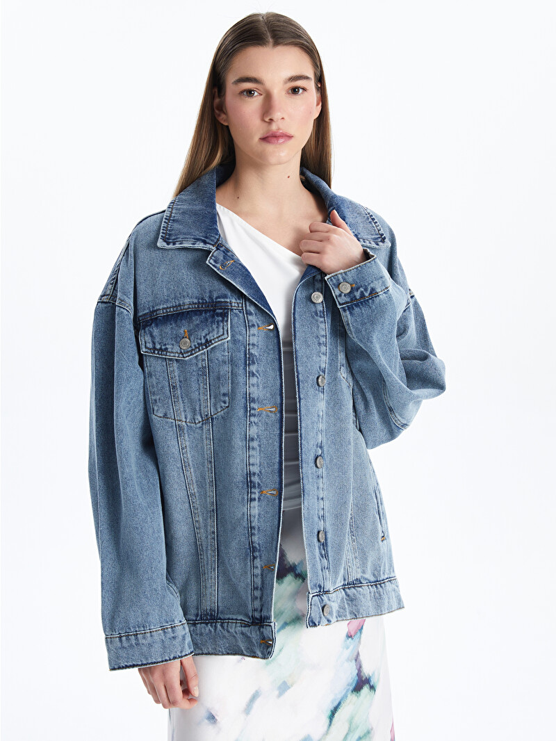 ゆめきち XSIDE Gömlek Yaka Oversize Kadın Jean Ceket - S56166Z8-Q68 | LC