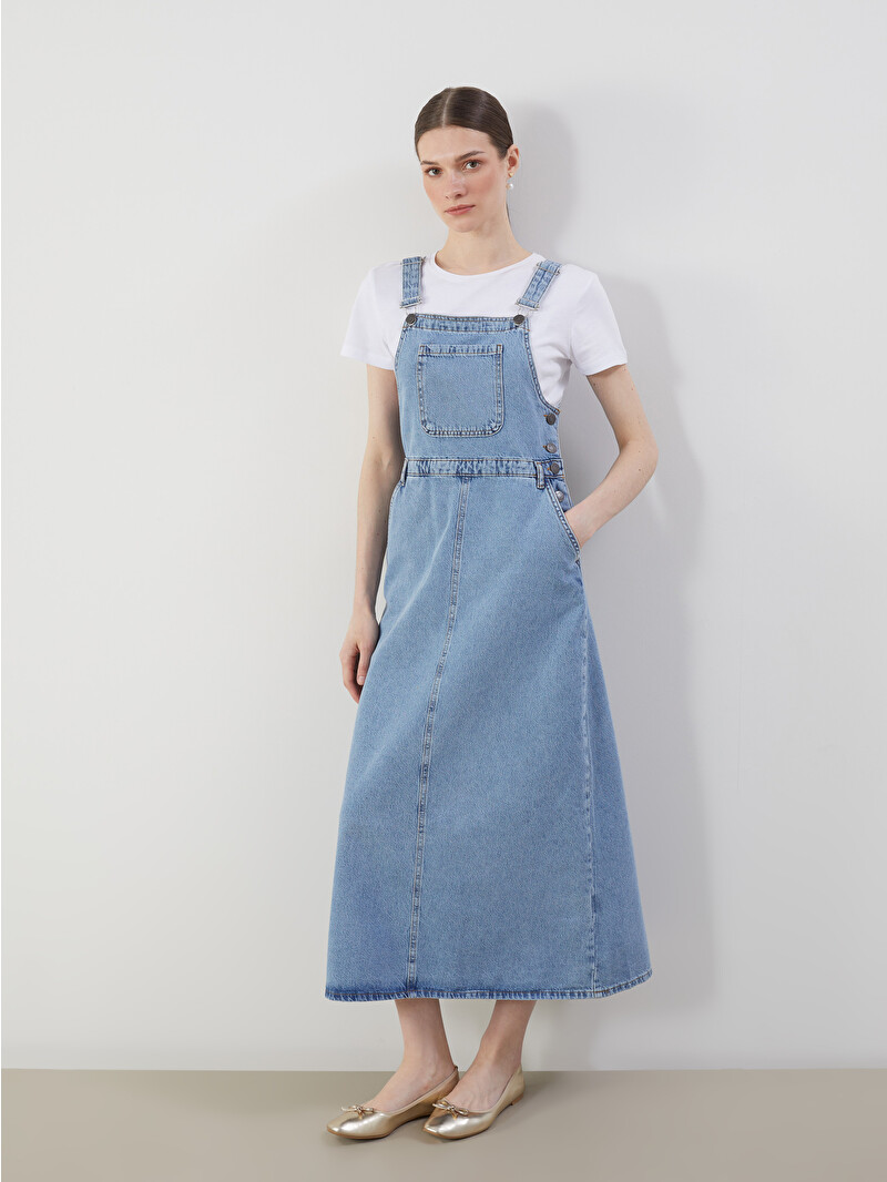 LCW Modest Square Collar Strappy Women's Denim Dungaree Dress