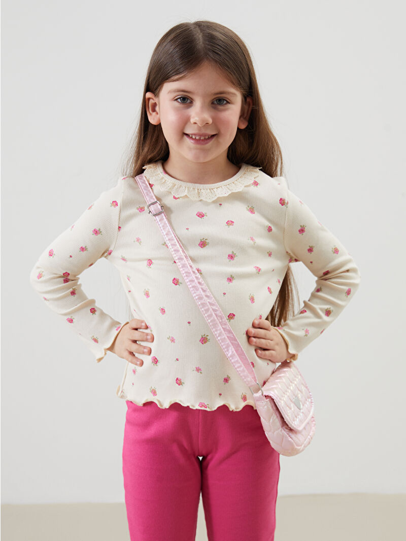 LCW Kids Ekru Çiçekli Dantelli Kız Çocuk Tişört ve Tayt 2'li
